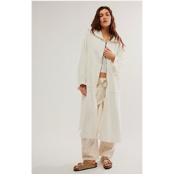 Free People Movement Jackets & Blazers - Free People Yoko White Longline Zip Up Hoodie Duster Jacket Raw Edge Seam S